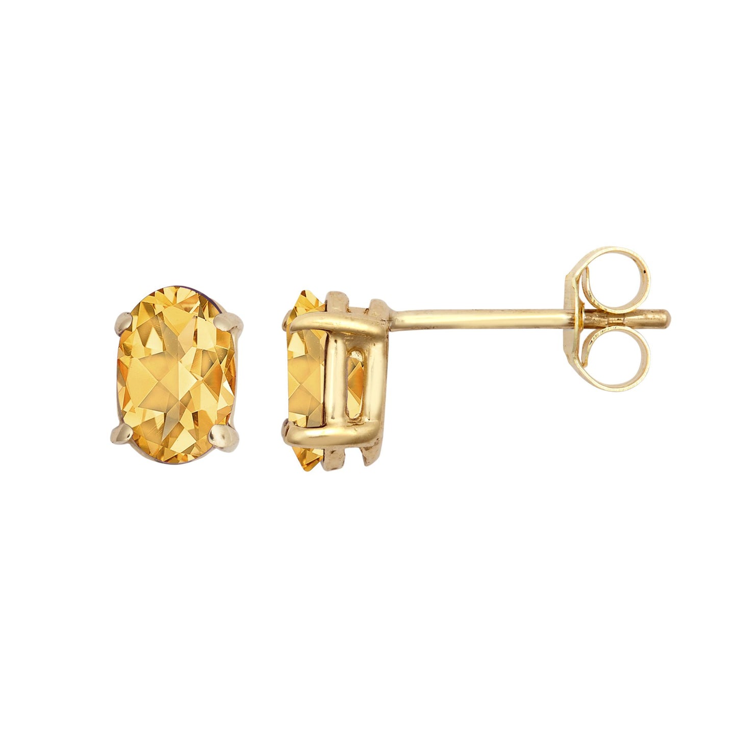 9ct Gold  Amber Oval Citrine 4 Claw Solitaire Stud Earrings, 6x4mm - JES371