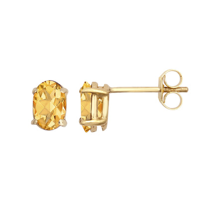 9ct Gold  Amber Oval Citrine 4 Claw Solitaire Stud Earrings, 6x4mm - JES371