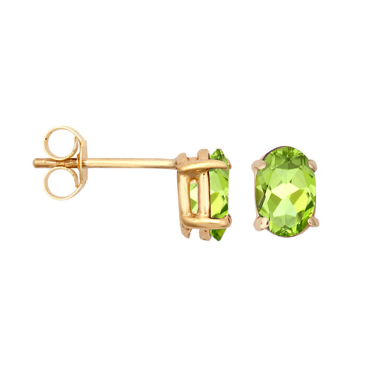 9ct Gold  Light Green Oval Peridot Solitaire Stud Earrings 6x4mm - JES373