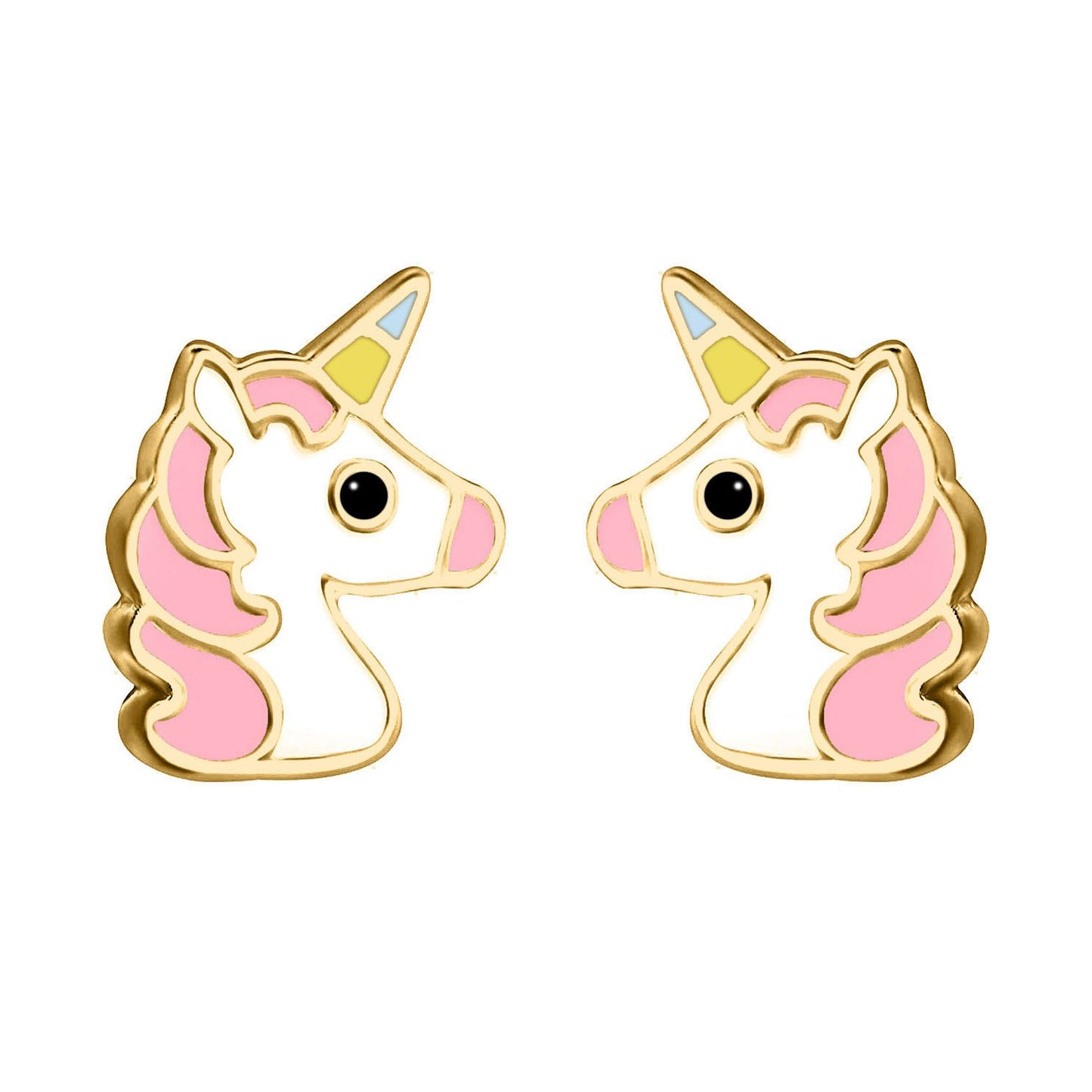 9ct Gold  Enamel Cute Cartoon Unicorn Stud Earrings 9mm - JES374