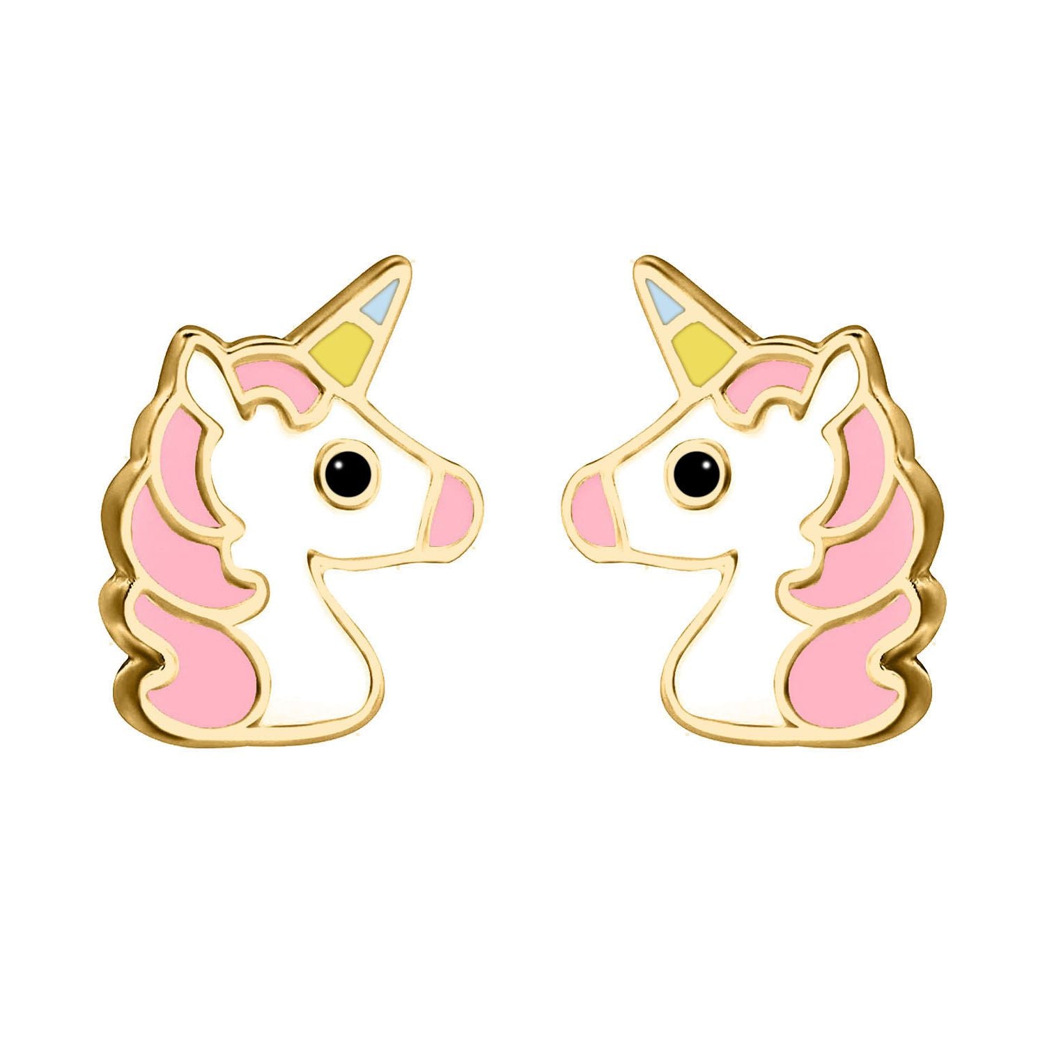 9ct Gold  Enamel Cute Cartoon Unicorn Stud Earrings 9mm - JES374