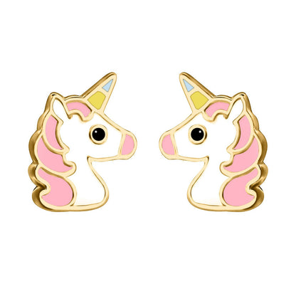 9ct Gold  Enamel Cute Cartoon Unicorn Stud Earrings 9mm - JES374
