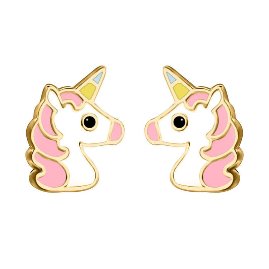 9ct Gold  Enamel Cute Cartoon Unicorn Stud Earrings 9mm - JES374