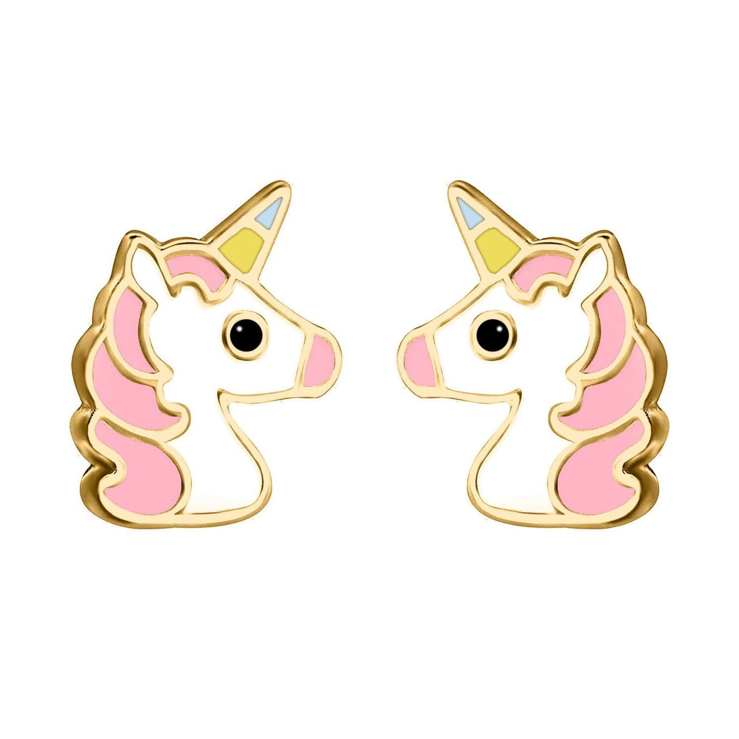 9ct Gold  Enamel Cute Cartoon Unicorn Stud Earrings 9mm - JES374