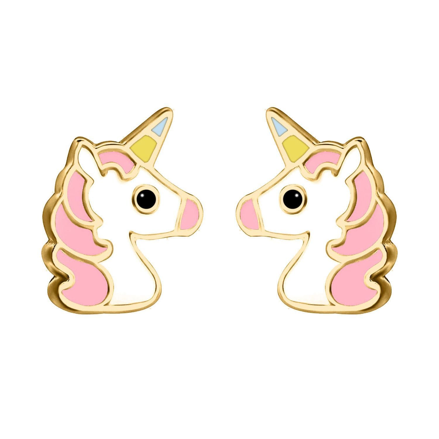 9ct Gold  Enamel Cute Cartoon Unicorn Stud Earrings 9mm - JES374