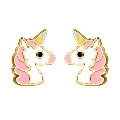 9ct Gold  Enamel Cute Cartoon Unicorn Stud Earrings 9mm - JES374