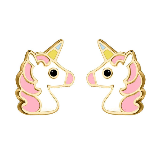9ct Gold  Enamel Cute Cartoon Unicorn Stud Earrings 9mm - JES374