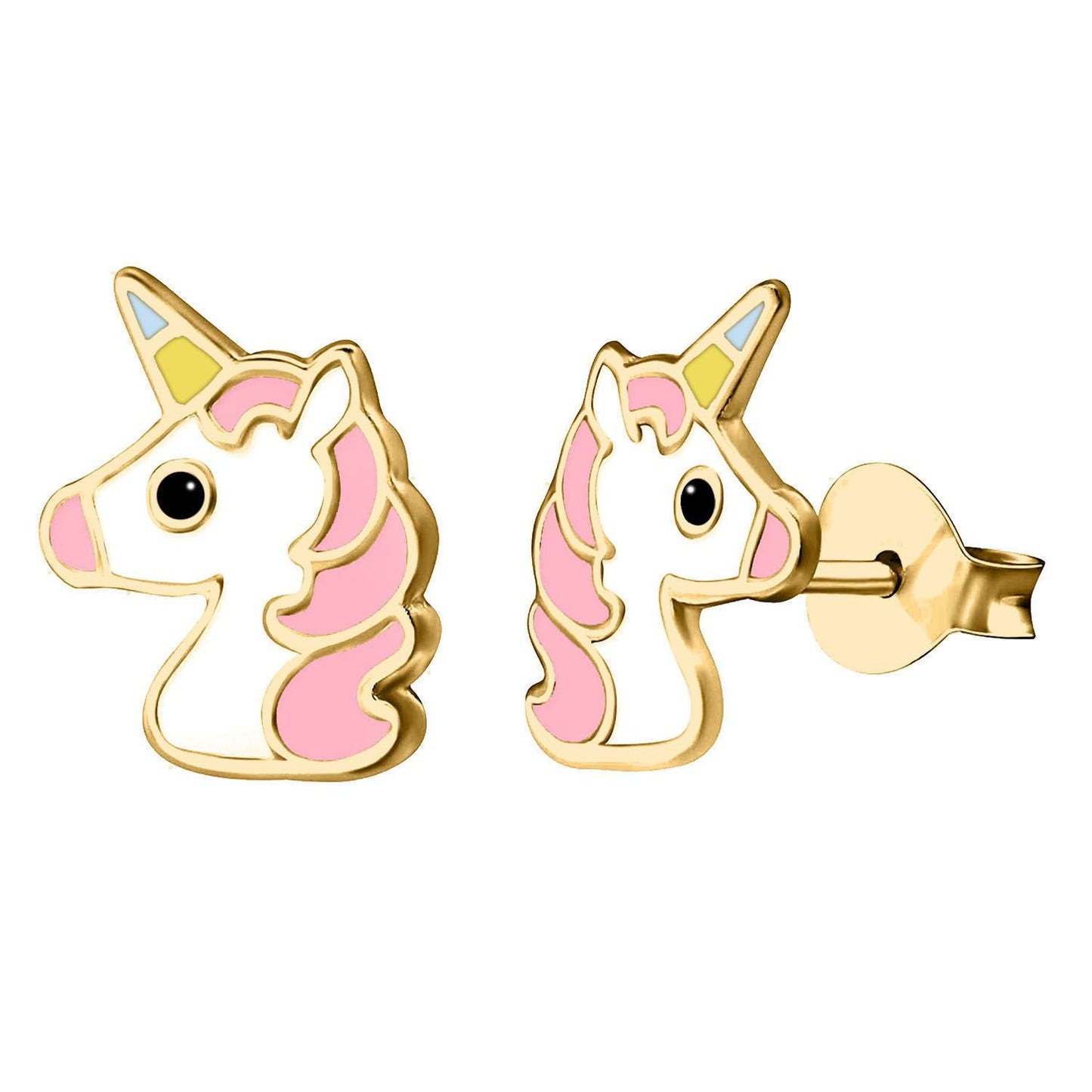 9ct Gold  Enamel Cute Cartoon Unicorn Stud Earrings 9mm - JES374