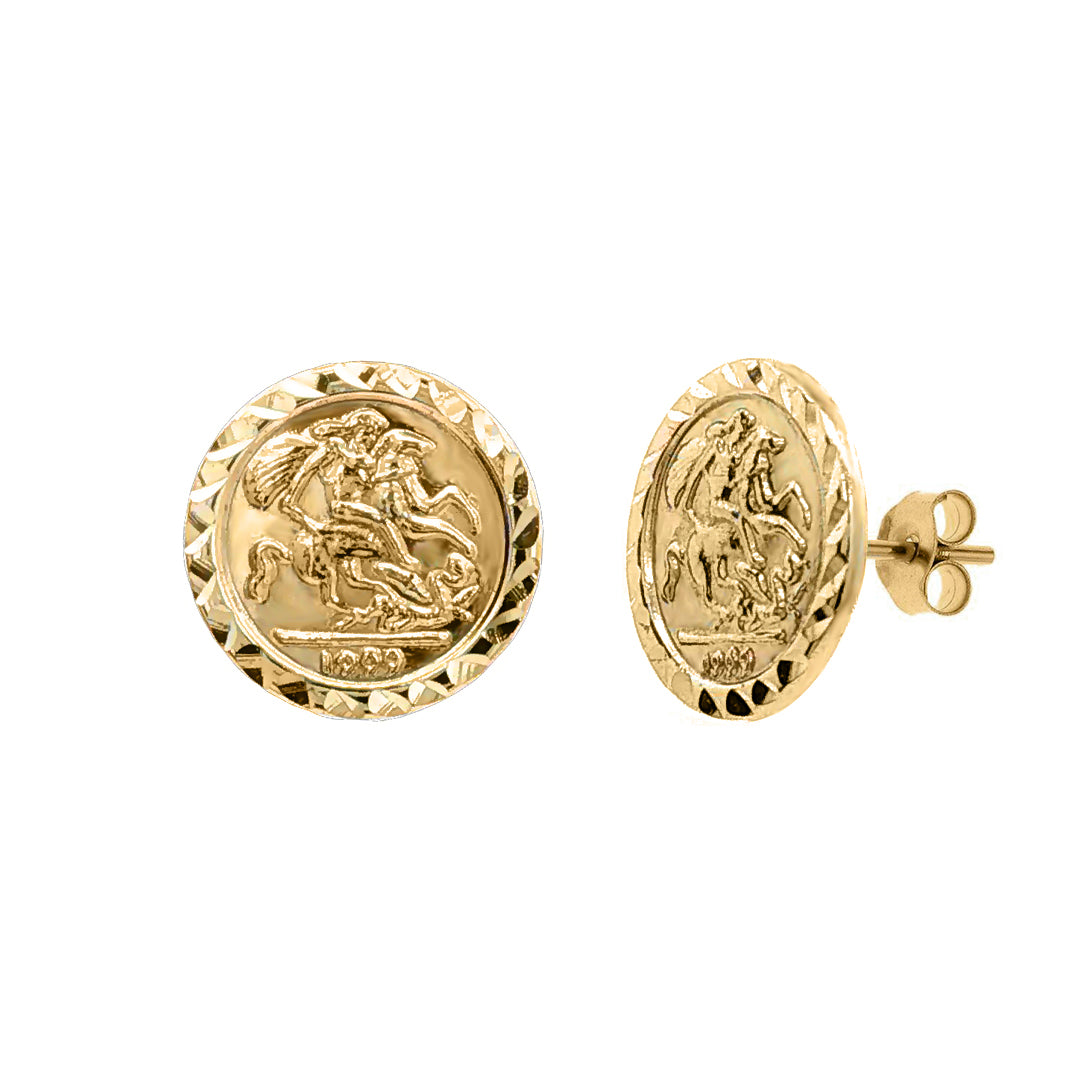 9ct Gold  St George & Dragon 1999 Medallion Stud Earrings, 10mm - JES376