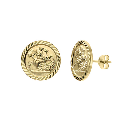 Unisex 9ct Gold  St George & Dragon Medallion Stud Earrings, 10mm - JES376