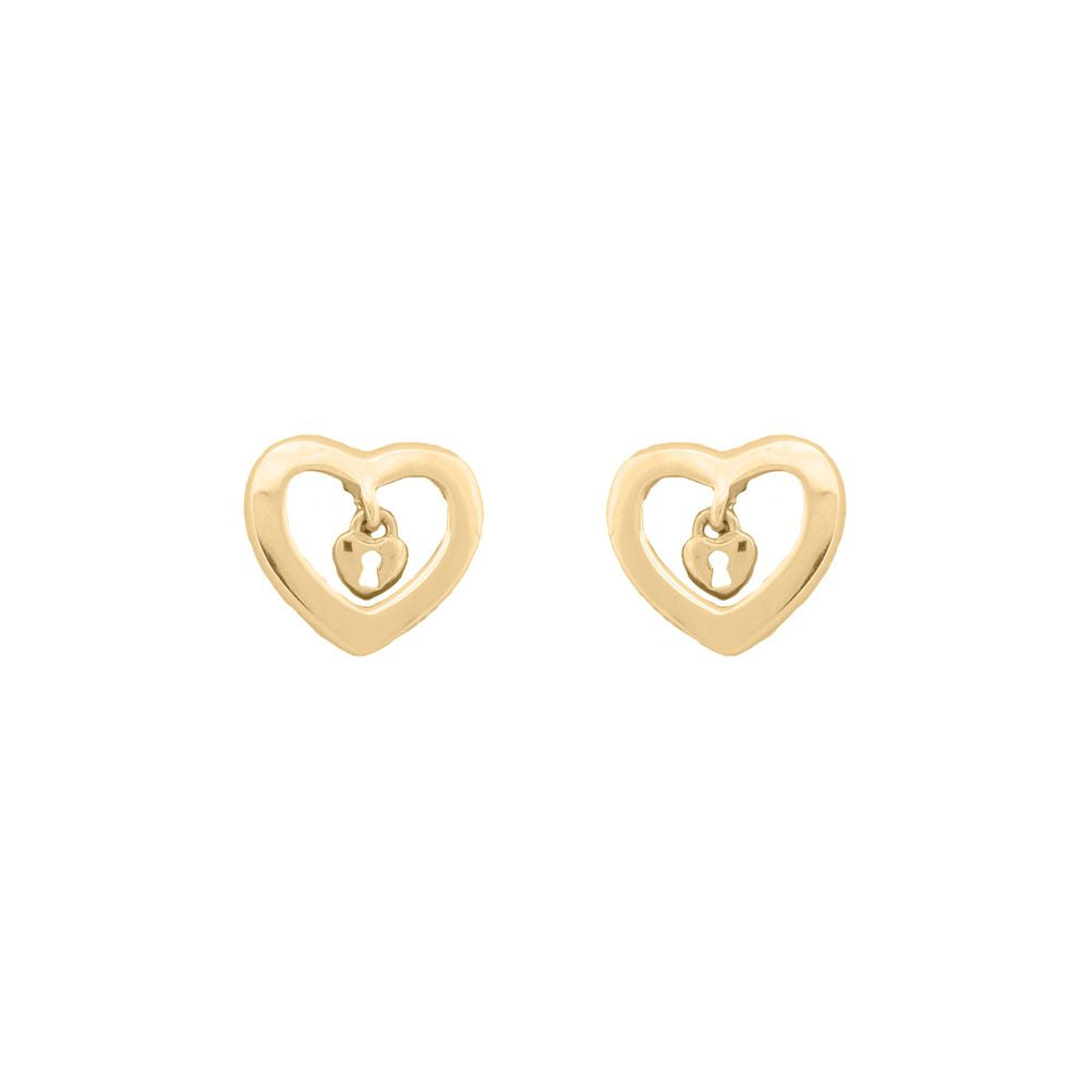 Ladies 9ct Yellow Gold Love Heart Dangling Padlock Stud Earrings - JES377
