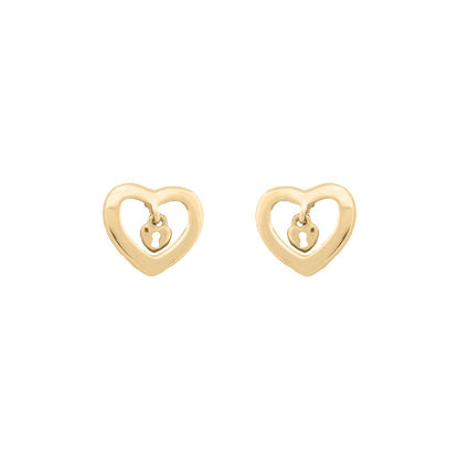 Ladies 9ct Yellow Gold Love Heart Dangling Padlock Stud Earrings - JES377