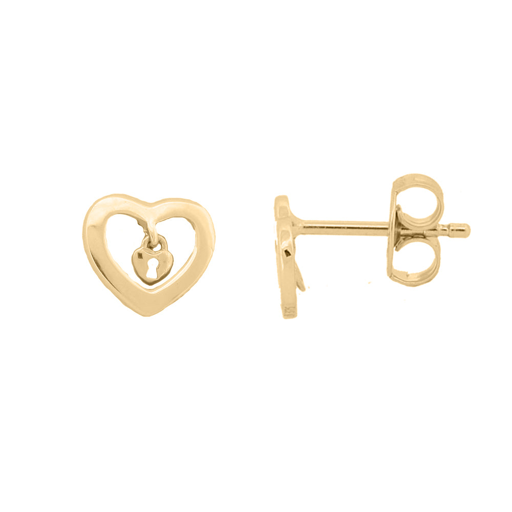 Ladies 9ct Yellow Gold Love Heart Dangling Padlock Stud Earrings - JES377