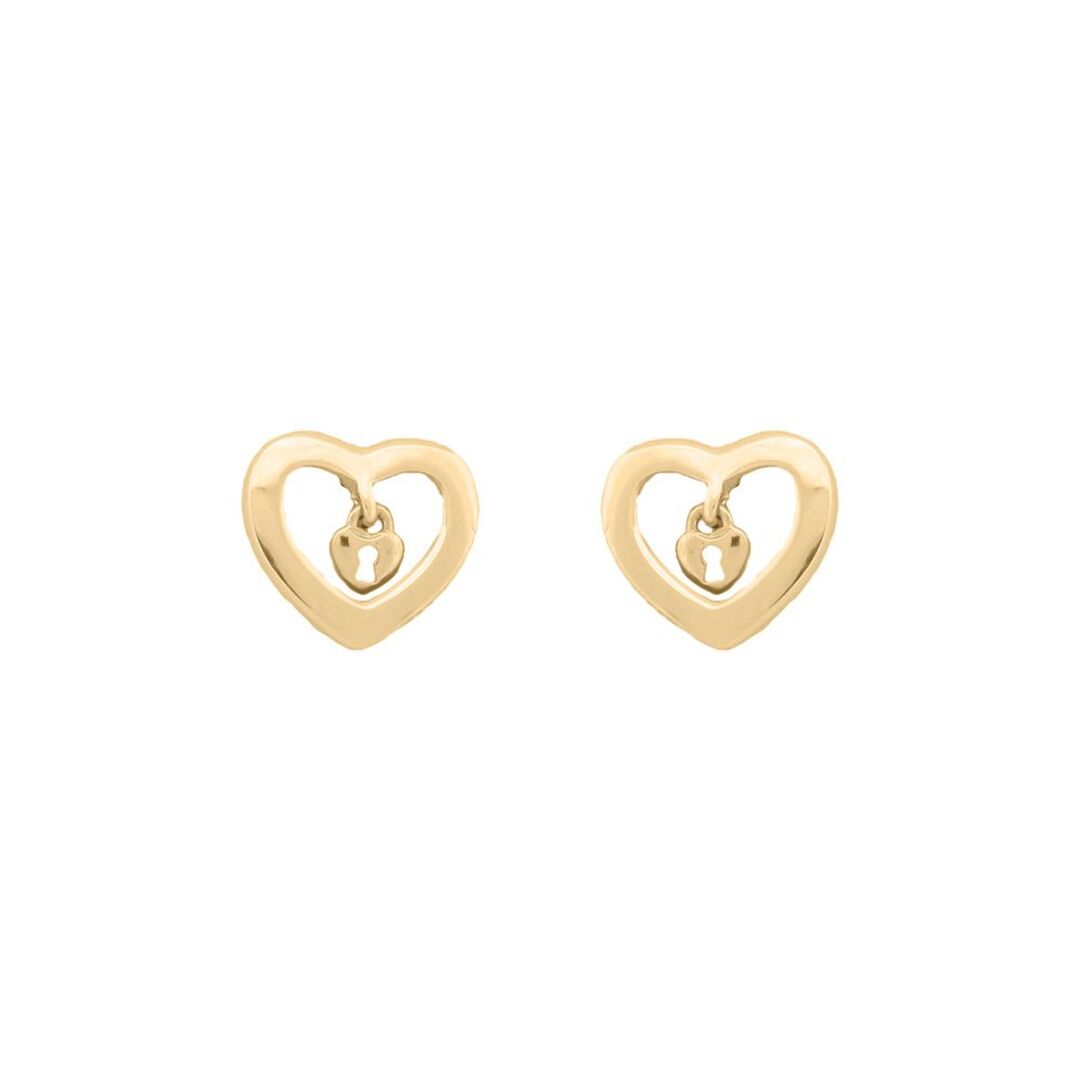 Ladies 9ct Yellow Gold Love Heart Dangling Padlock Stud Earrings - JES377