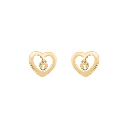 Ladies 9ct Yellow Gold Love Heart Dangling Padlock Stud Earrings - JES377