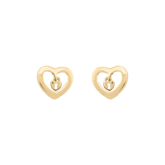 Ladies 9ct Yellow Gold Love Heart Dangling Padlock Stud Earrings - JES377