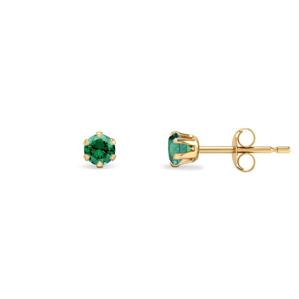 9ct Gold  Emerald-Green CZ Solitaire Stud Earrings, 3mm ⅕ Carat - JES388