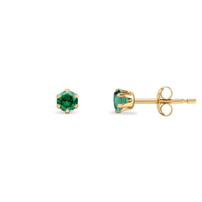 9ct Gold  Emerald-Green CZ Solitaire Stud Earrings, 3mm ⅕ Carat - JES388