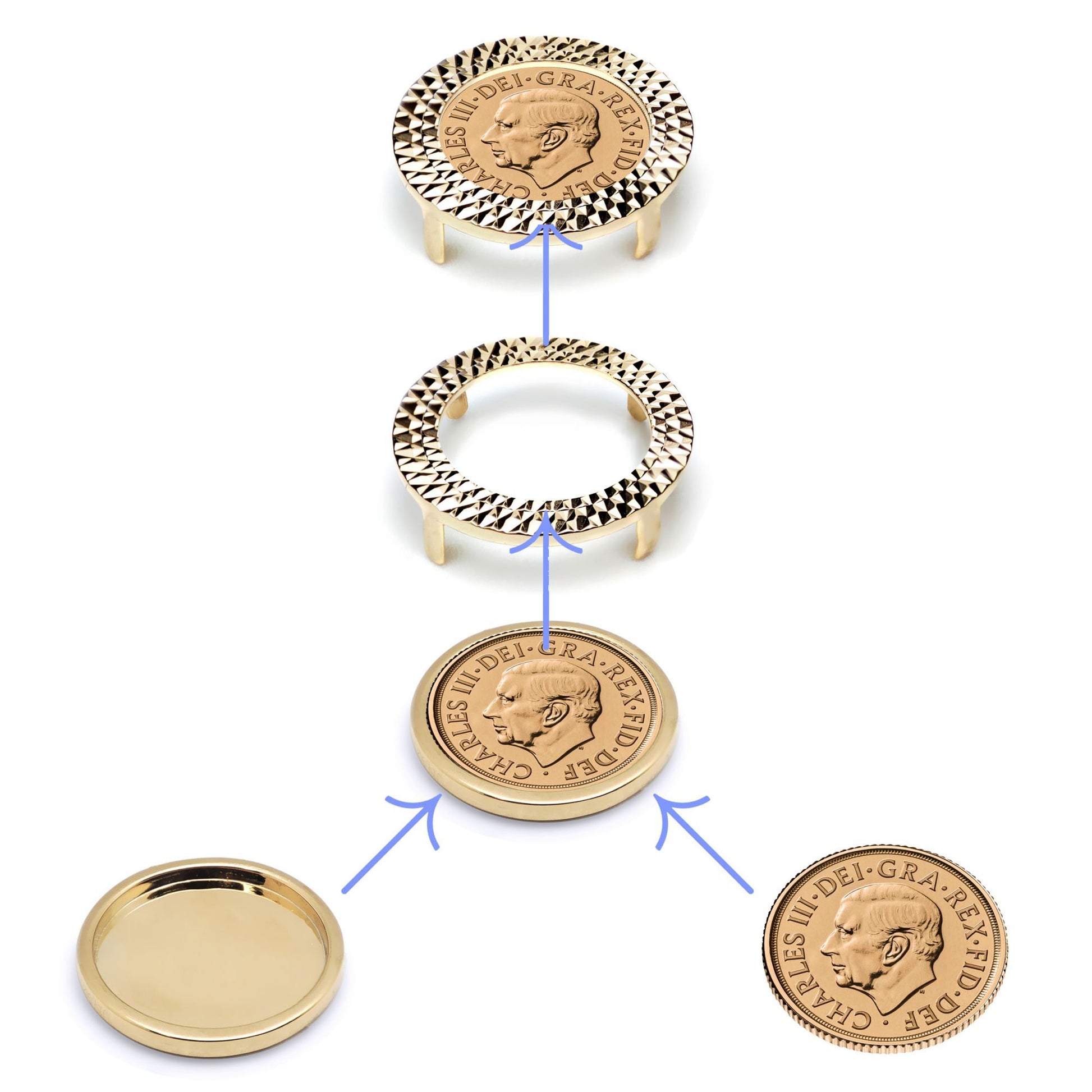 9ct Gold  Basket Quarter Sovereign Coin Mount Ring - Silver Cup - JRN168-Q
