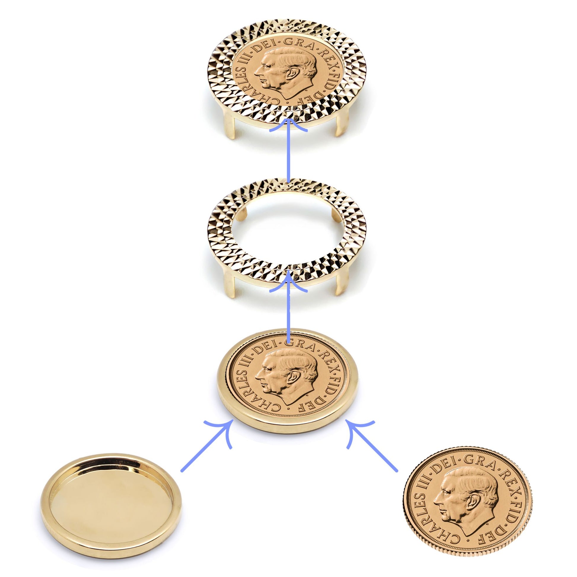 9ct Gold  Tree Bark Quarter Sovereign Coin Mount Ring - Silver Cup - JRN183-Q