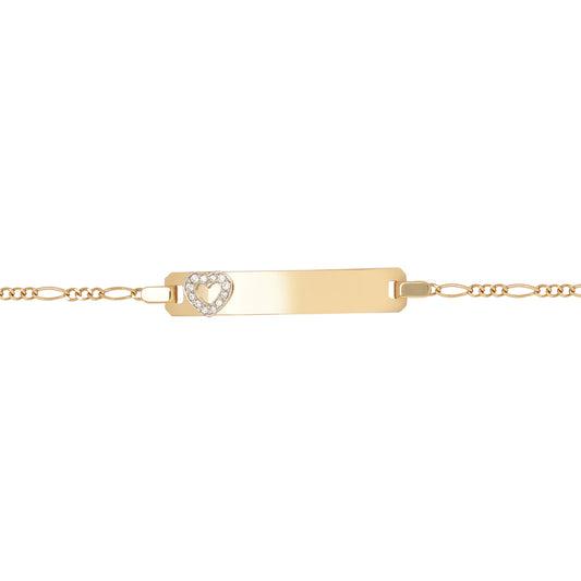 9ct Gold  CZ Love Heart Figaro Identity ID Bracelet, 7.5 inch 19cm - JID041