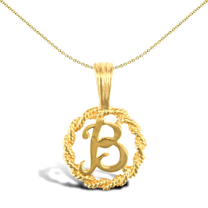 Solid 9ct Gold  Rope Identity Initial Charm Pendant Letter B - JIN001-B