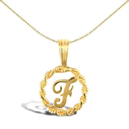 Solid 9ct Gold  Rope Identity Initial Charm Pendant Letter F - JIN001-F