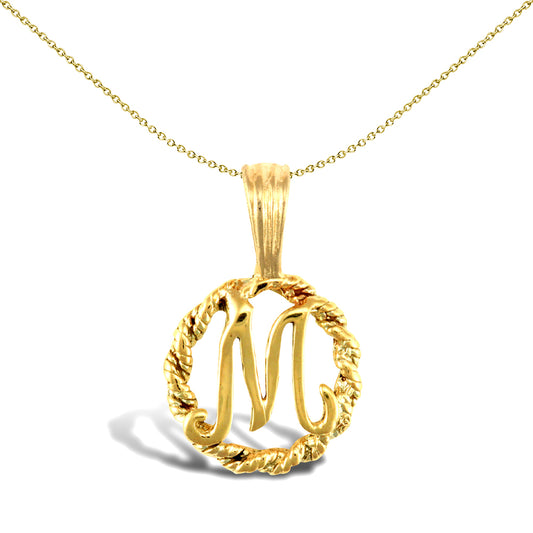 Solid 9ct Gold  Rope Identity Initial Charm Pendant Letter M - JIN001-M