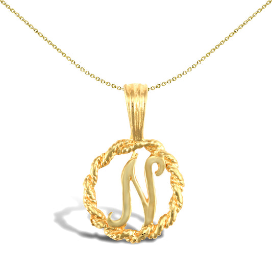 Solid 9ct Gold  Rope Identity Initial Charm Pendant Letter N - JIN001-N