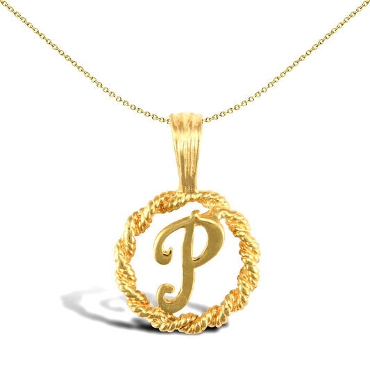 Solid 9ct Gold  Rope Identity Initial Charm Pendant Letter P - JIN001-P