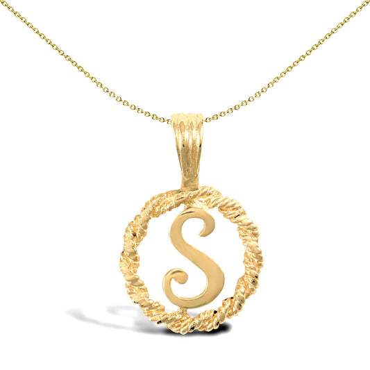 Solid 9ct Gold  Rope Identity Initial Charm Pendant Letter S - JIN001-S