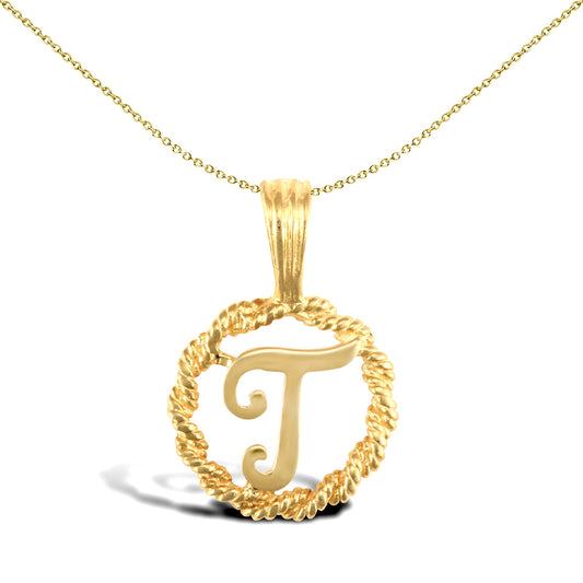 Solid 9ct Gold  Rope Identity Initial Charm Pendant Letter T - JIN001-T