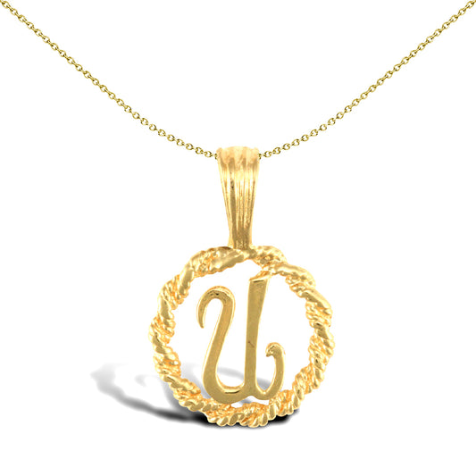 Solid 9ct Gold  Rope Identity Initial Charm Pendant Letter U - JIN001-U