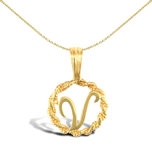 Solid 9ct Gold  Rope Identity Initial Charm Pendant Letter V - JIN001-V