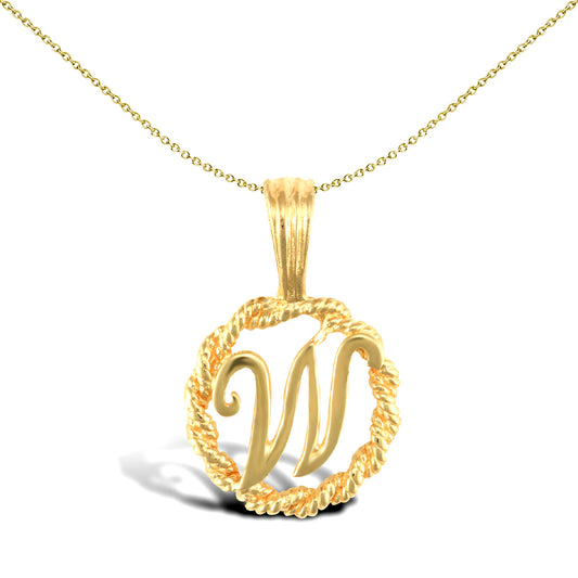 Solid 9ct Gold  Rope Identity Initial Charm Pendant Letter W - JIN001-W