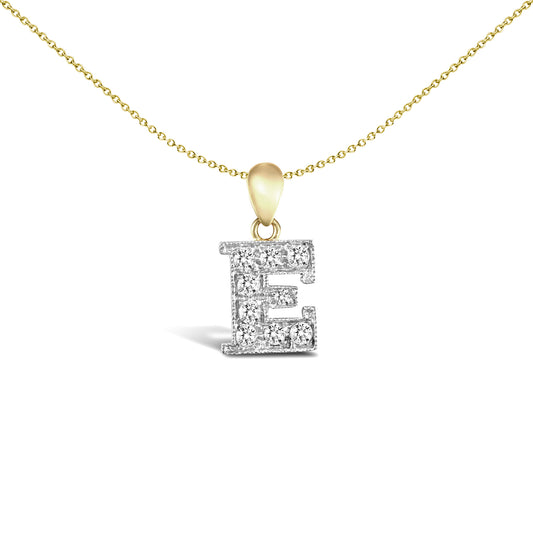 9ct 2-Colour Gold  CZ Pave Identity Initial Charm Pendant Letter E - JIN012-E