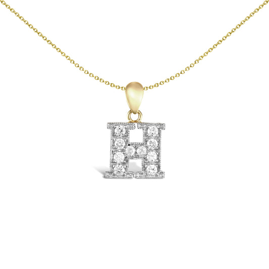 9ct 2-Colour Gold  CZ Pave Identity Initial Charm Pendant Letter H - JIN012-H