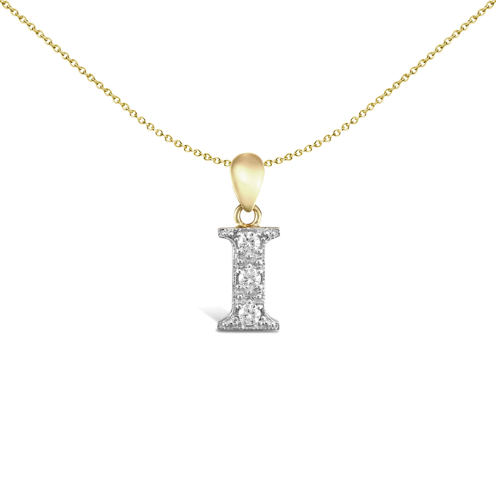 9ct 2-Colour Gold  CZ Pave Identity Initial Charm Pendant Letter I - JIN012-I