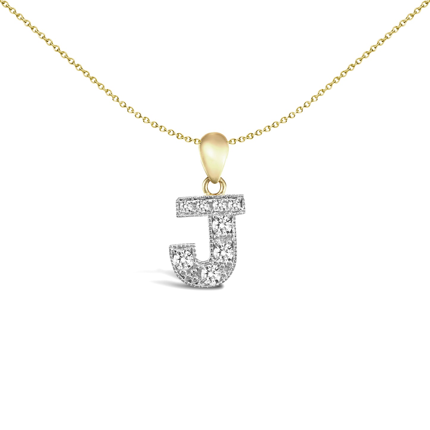 9ct 2-Colour Gold  CZ Pave Identity Initial Charm Pendant Letter J - JIN012-J