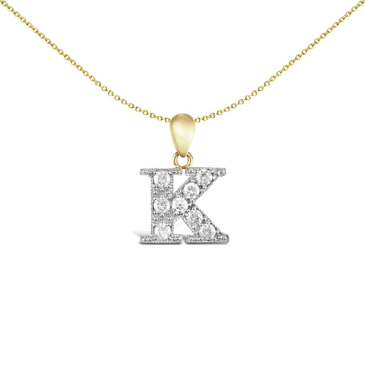 9ct 2-Colour Gold  CZ Pave Identity Initial Charm Pendant Letter K - JIN012-K