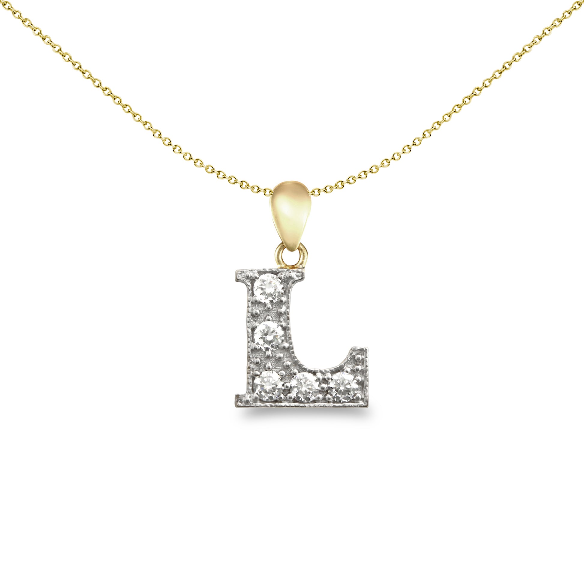 9ct 2-Colour Gold  CZ Pave Identity Initial Charm Pendant Letter L - JIN012-L