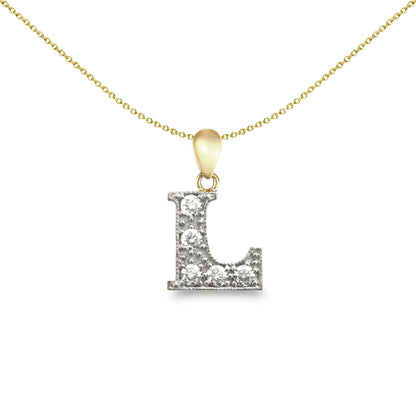 9ct 2-Colour Gold  CZ Pave Identity Initial Charm Pendant Letter L - JIN012-L