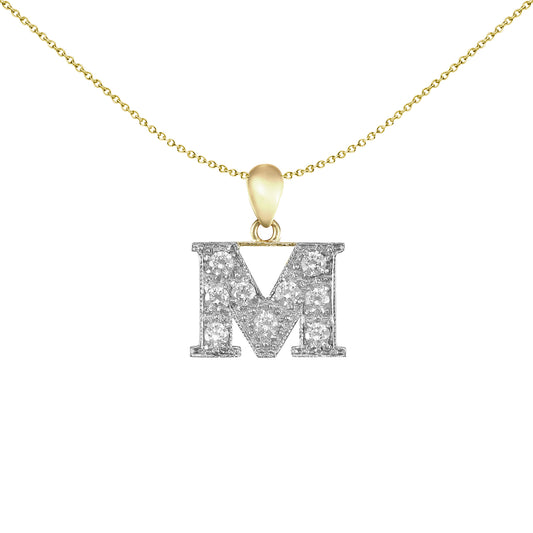 9ct 2-Colour Gold  CZ Pave Identity Initial Charm Pendant Letter M - JIN012-M