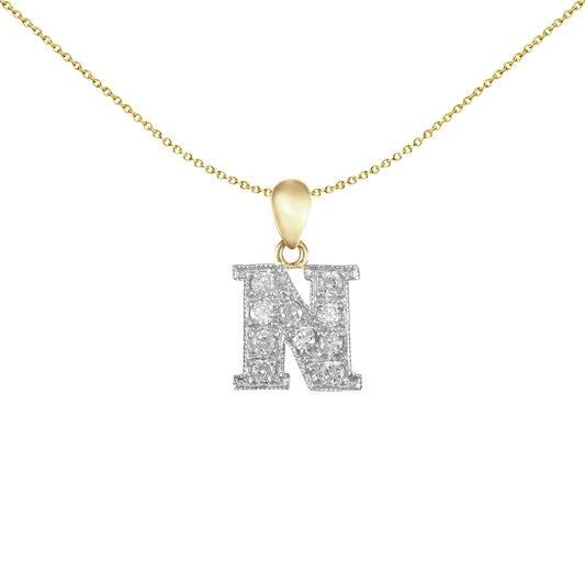 9ct 2-Colour Gold  CZ Pave Identity Initial Charm Pendant Letter N - JIN012-N