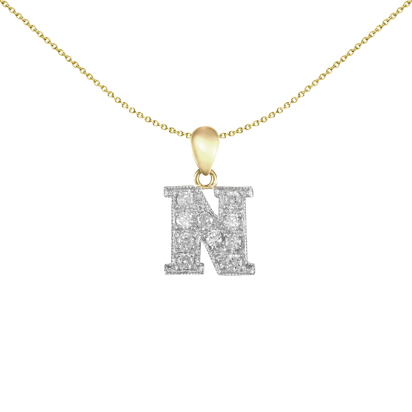 9ct 2-Colour Gold  CZ Pave Identity Initial Charm Pendant Letter N - JIN012-N