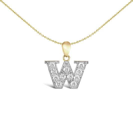 9ct 2-Colour Gold  CZ Pave Identity Initial Charm Pendant Letter W - JIN012-W