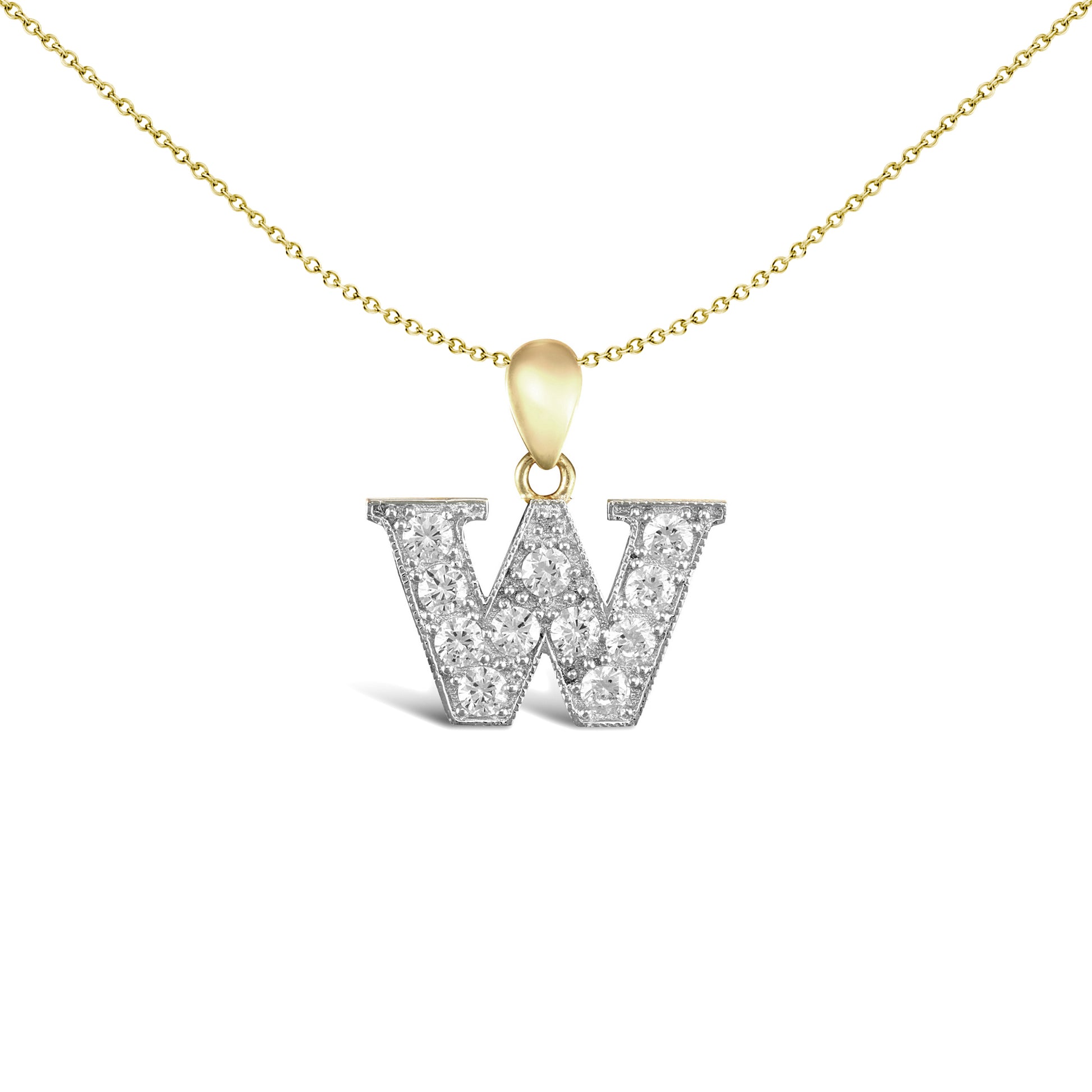 9ct 2-Colour Gold  CZ Pave Identity Initial Charm Pendant Letter W - JIN012-W