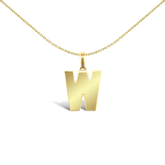 9ct Gold  Polished Block Identity Initial Charm Pendant Letter W - JIN018-W