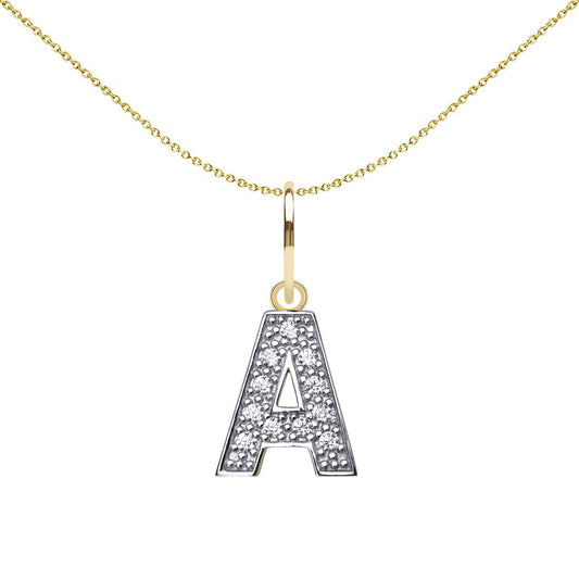 9ct 2-Colour Gold  CZ 10mm Block Font Initial Pendant Letter A - JIN021-A