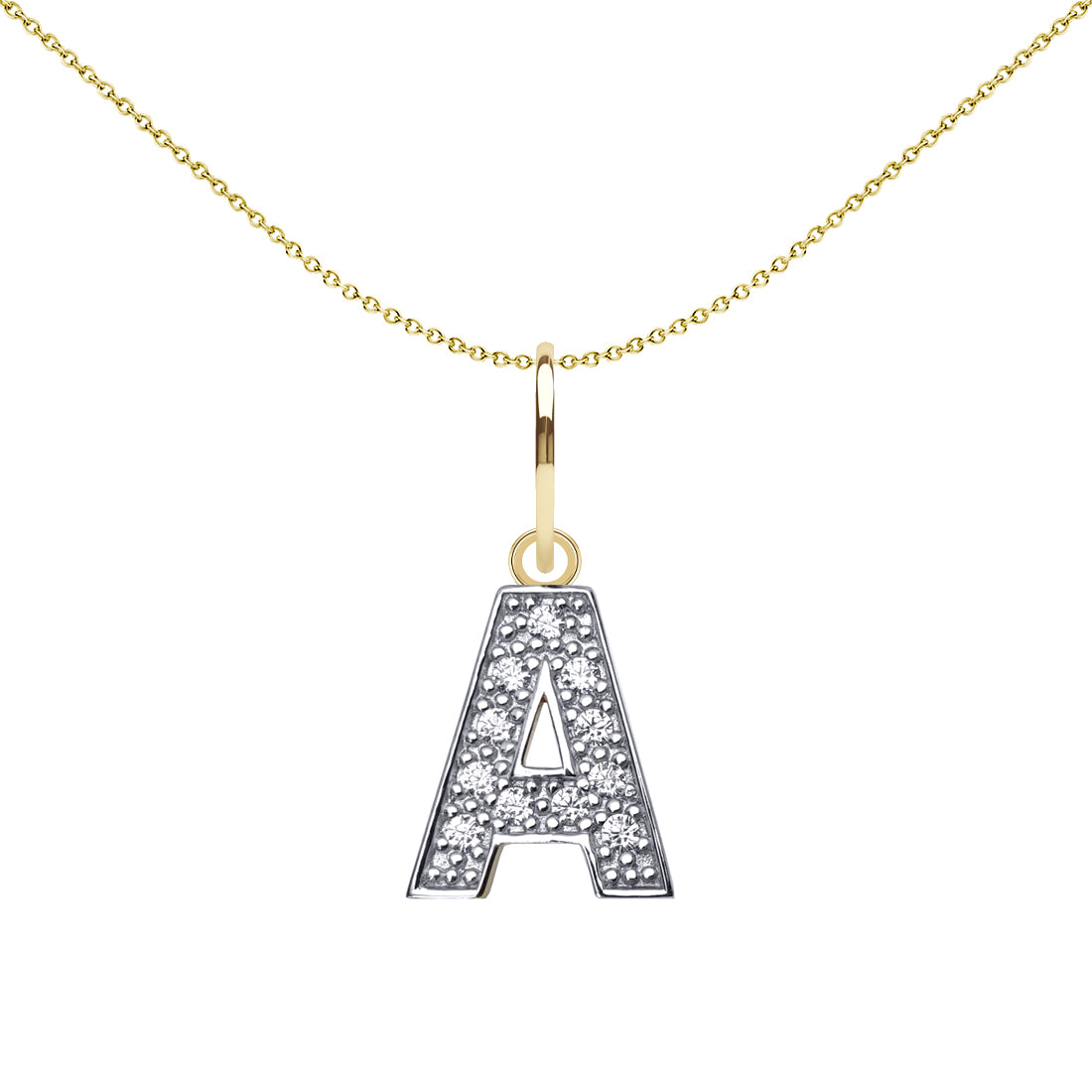 9ct 2-Colour Gold  CZ 10mm Block Font Initial Pendant Letter A - JIN021-A